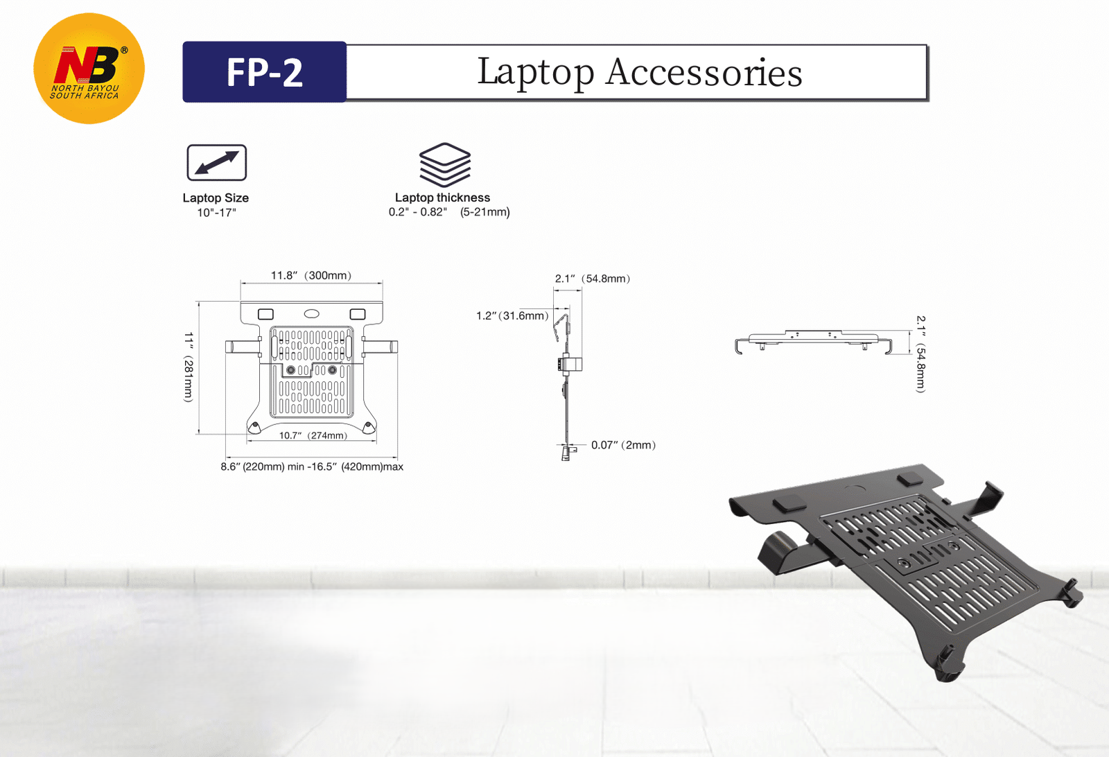 NB FP-2 Laptop Mount Tray For Monitor Arms , Allows you to turn all your NB monitor arms into a laptop stand , Fits most 10″ to 17″ Laptops
