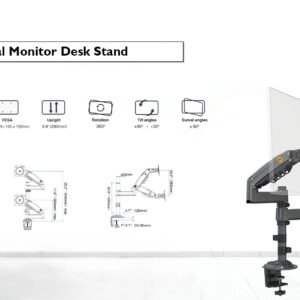 NB H180 Dual Monitor Desk Stand , Fits most 17″ to 27″ x2 displays , Support load from 4.4 to 26.4 lbs (2-9 kg) x2 , Rotation 360°  Swivel ±90°