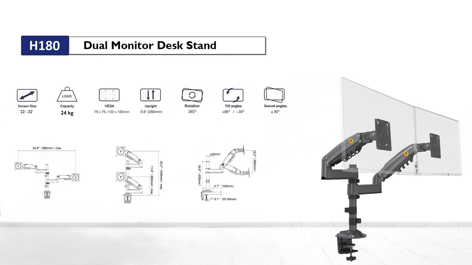 NB H180 Dual Monitor Desk Stand , Fits most 17″ to 27″ x2 displays , Support load from 4.4 to 26.4 lbs (2-9 kg) x2 , Rotation 360° Swivel ±90°