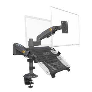 NB H180-FP Dual Desk Stand Screen + laptop , Fits most 22″ to 32″ x2 displays , Support load from 4.4 to 26.4 lbs (2-12 kg) x2 , Rotation 360° Swivel ±90°